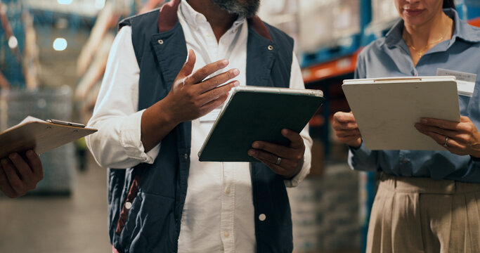 Logistics, tablet and hands of people in warehouse, export schedule discussion and workflow coordination. Shipment update, planning or team with tech for inventory status, delegation or delivery info