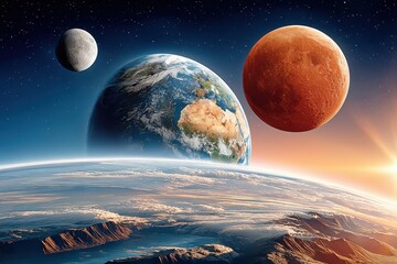 Fototapeta premium Earth and moons above a planetary horizon with red planet and sunrise in deep space