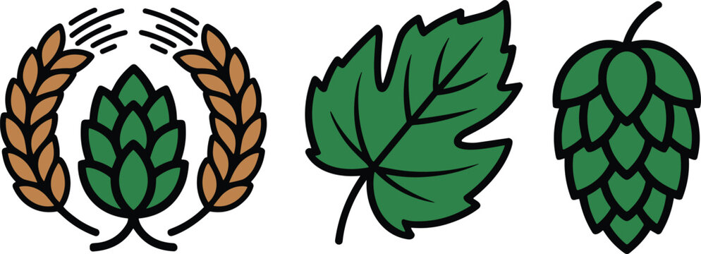 Vector Icons Set of Hops, Laurel, and Green Leaves for Brewing, Beer, and Agriculture Designs