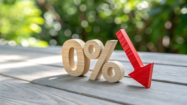 A wooden 0% sign with a red downward arrow on a table