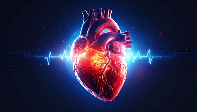 "Anatomical human heart with glowing ECG line, symbolizing vitality, cardiovascular health, and medical science."