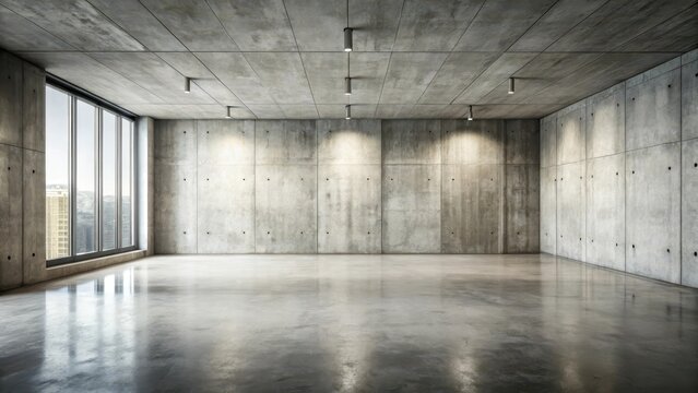 A panoramic view of a room with an old concrete wall background and an empty floor, showcasing the vast space and architectural details , room, empty floor