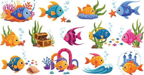 Obraz premium Cute Fish and Underwater Elements Set with Coral Reef, Treasure Chest, Sea Plants and Ocean Life Cartoon Vector Collection for Kids Designs and Stickers