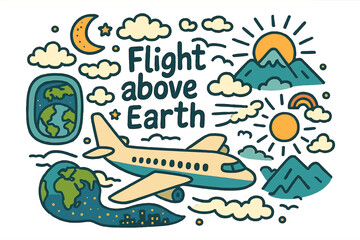 Fototapeta premium Airborne Adventure. Flight above earth. Hand-drawn doodle illustration of flight above earth. Airplane, clouds