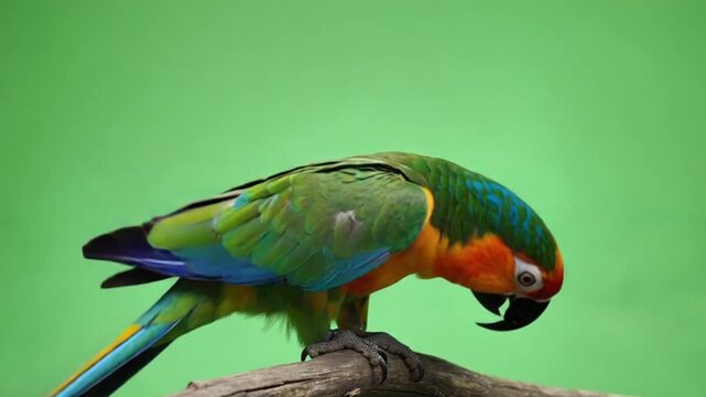 colorful macaw parrot perched on branch green background