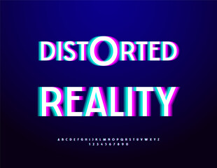 Obraz premium Vector Digital concept Distorted Reality. Bright Cyber Font. Glitched effect Alphabet Letters and Numbers set.
