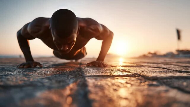 Man Doing Push Ups on Beach at Sunrise Strength Training Endurance and Fitness Motivation Concept