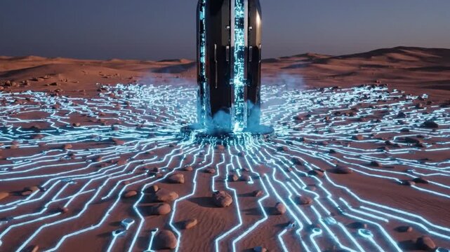 Glowing blue circuit lines emanate from a sleek, futuristic tower standing in the desert sand at dusk with a clear sky.
