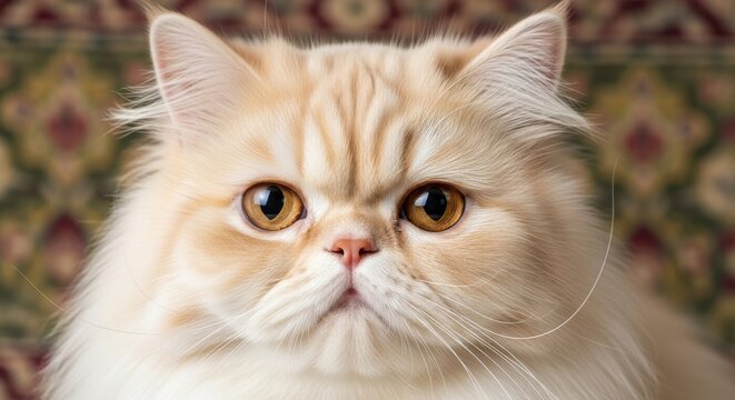 Close-up portrait of a cream-colored Persian cat with large, expressive amber eyes and a flattened face