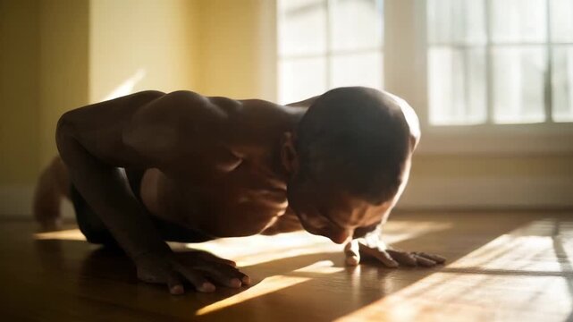 Athletic Man Doing Push Ups at Home in Sunlight Strength Training Fitness and Healthy Lifestyle Concept