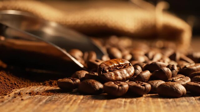 Roasted coffee beans scatter on wooden table near metal scoop. Metal scoop holds fresh coffee beans. Brown coffee beans show roasted texture. Roasted beans ready for grinding. Fresh coffee aroma.