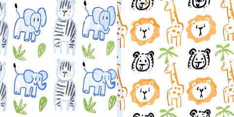 Playful pattern of hand drawn animals including elephants zebras lions and giraffes © Bivuti