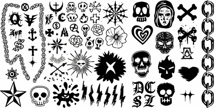 Collection of black and white gothic tattoo flash designs and symbols