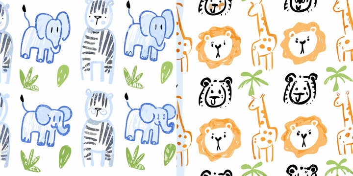 Playful pattern of hand drawn animals including elephants zebras lions and giraffes