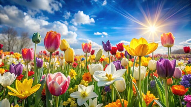 A kaleidoscope of colors in a vibrant spring flower field with tulips, daffodils, and crocuses swaying gently in the breeze on a sunny day , sunny day, spring flowers