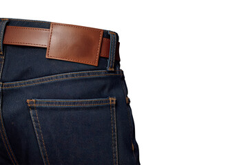 Naklejka premium Dark blue jeans with brown leather belt and patch on transparent background for fashion and apparel concepts