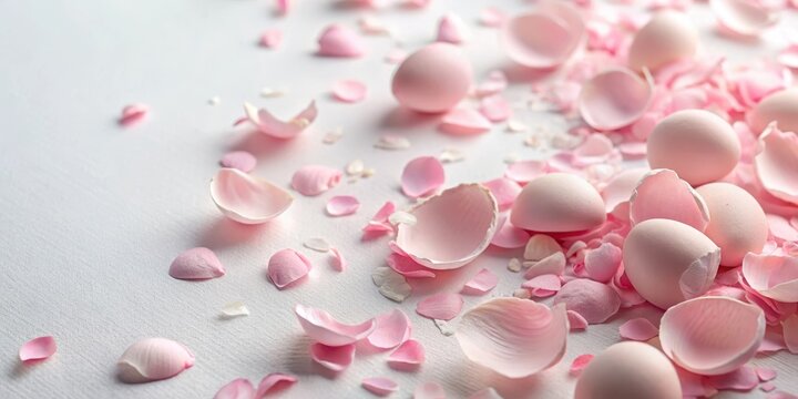 Delicate pink eggshell fragments scattered on a soft white background with subtle texture resembling fabric or paper, delicate