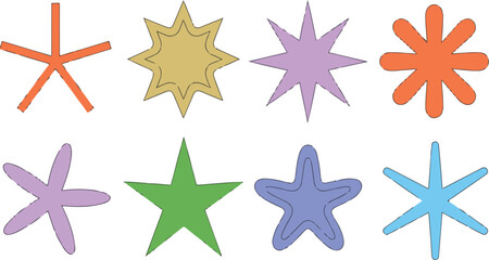 Obraz premium Colorful star shapes set in doodle sketch style, sparkle burst icons collection for decoration, celebration, and creative design