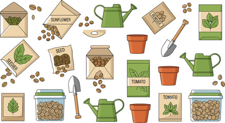 Gardening tools and seed packets vector set featuring watering can pots shovel envelopes jars and plant supplies in flat illustration collection © AntarChandra