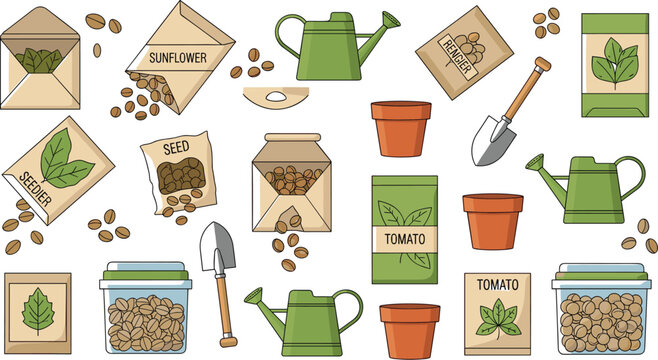 Gardening tools and seed packets vector set featuring watering can pots shovel envelopes jars and plant supplies in flat illustration collection