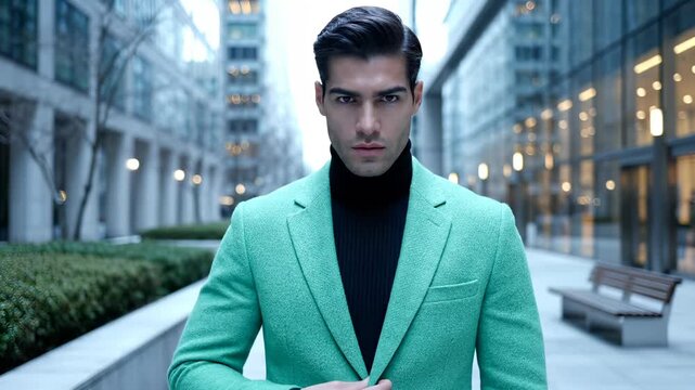 Handsome man in green coat stands in city street. Stylish male model poses in urban business district. Confident businessman looks at camera. Fashionable man adjusts coat. Urban style for man.
