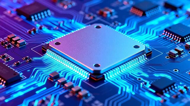 Closeup of a circuit board with glowing components