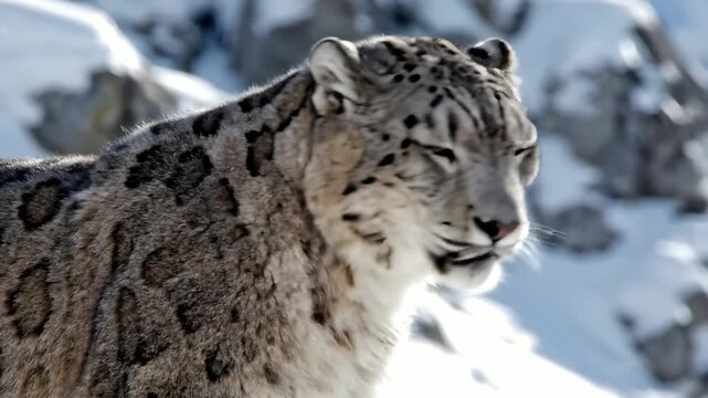 Cinematic 4k Close-up Portrait of a Majestic Snow Leopard in its Natural Mountain Habitat