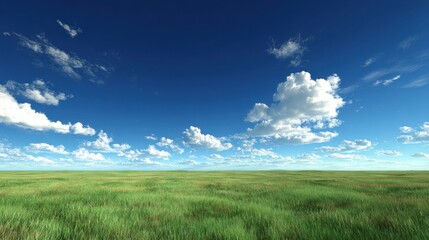 Obraz premium Lush Green Grass Field Under Bright Blue Sky with Fluffy White Clouds in a Calm and Serene Landscape Setting