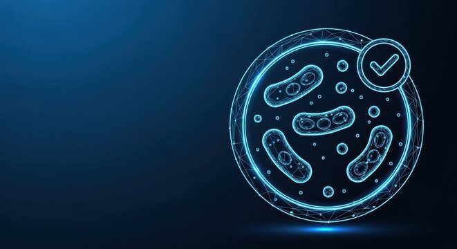 Abstract Digital Illustration of Bacteria and Microbes Under Magnification with Glowing Neon Lines on Dark Blue Background