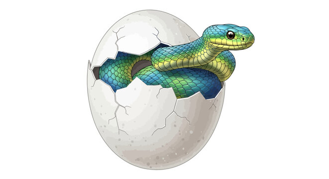 Vibrant snake hatching from a cracked white egg, symbolizing new beginnings and nature's wonder