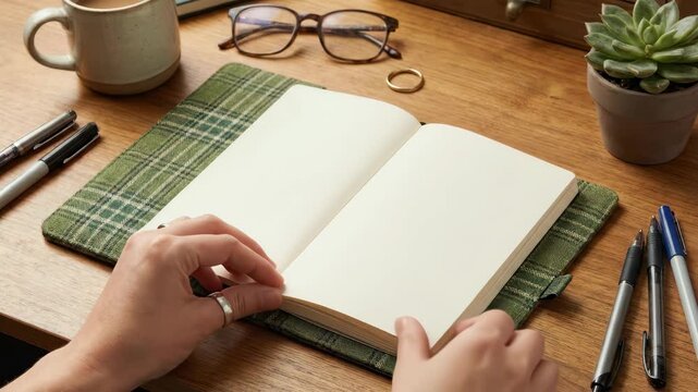 Open notebook on wooden desk surrounded by office supplies and accessories