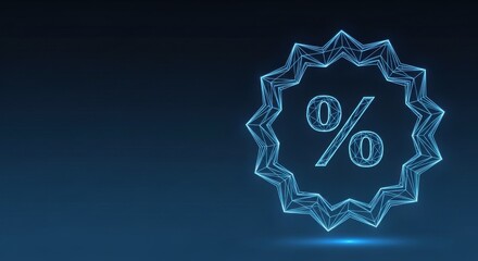 Obraz premium Abstract geometric percentage symbol with glowing blue neon outline on dark digital background representing discount offers and sales promotions.
