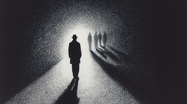 Mysterious Silhouette Walking Toward Light with Shadow Figures, Noir Style Concept of Identity and Isolation