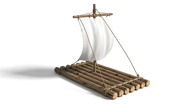 Traditional wooden raft with white sail on white background, an adventurous travel vessel