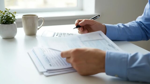 Person writing on paper at a desk calculating
