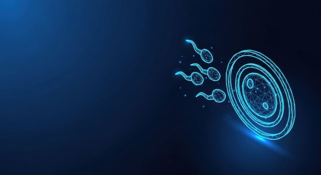 Abstract illustration of sperm cells approaching an egg for fertilization