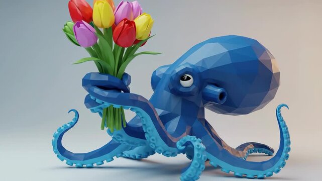 Cartoon octopus holding bouquet of tulips in studio