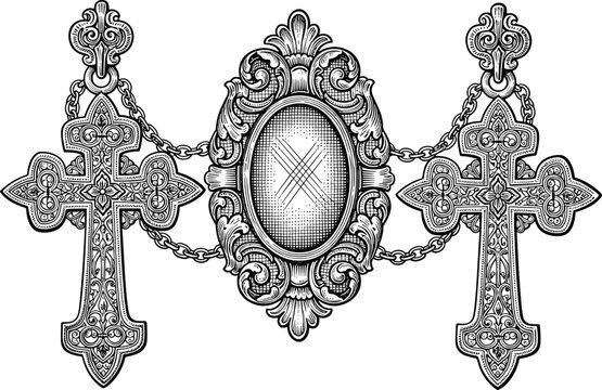 Ornate symmetrical design featuring two decorative crosses connected by chains to a central oval frame, symbolizing religious art, ceremonial ornament, and cultural heritage.