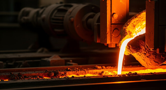 Molten metal being poured in a factory, industrial production process