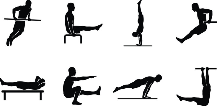 Set of Calisthenics and Bodyweight Exercise Silhouettes for Fitness Training, Featuring Handstand, Planche, Squats, and L-Sit for Gym Apps, Sports Branding, and Workout Infographics