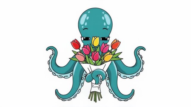 Cartoon octopus holding bouquet of tulips on white background