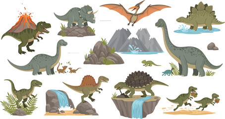 Prehistoric Dinosaur Landscape Collection with T-Rex, Triceratops, Brachiosaurus, Stegosaurus, Pterodactyl and Volcanic Scenes Cartoon Vector Set for Kids Designs © Amowara