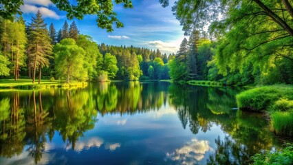 Fototapeta premium Tranquil lake with lush greenery and tall trees, serene landscape, trees, serene landscape