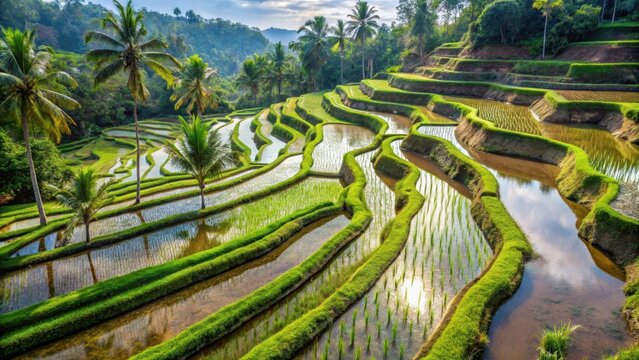 Traditional Balinese terraced rice field with intricate Subak irrigation system, showcasing intricate stone canals and water management techniques , irrigation, countryside