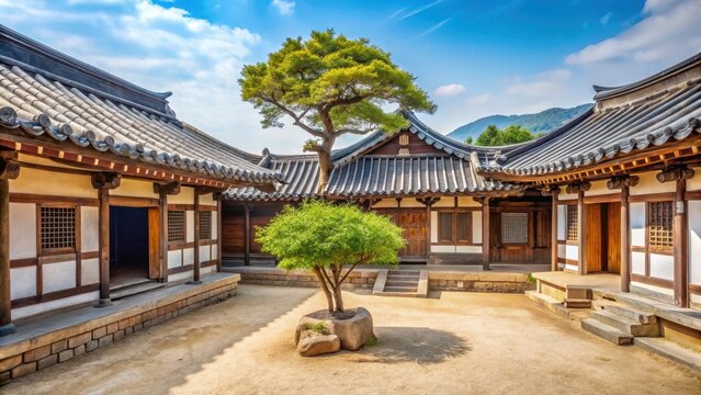 Traditional Korean courtyard with a small tree and eastern dormitory building in Byeongsan Seowon, korea landscape, seowon