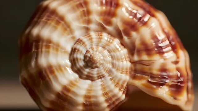 Cinematic 4K close-up of a mesmerizing natural conch shell, showcasing intricate spiraling patterns and earthy textures in exquisite detail