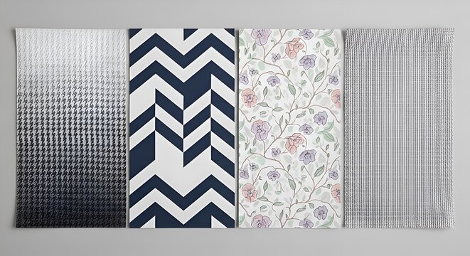 Four different patterned fabric swatches, textures and designs