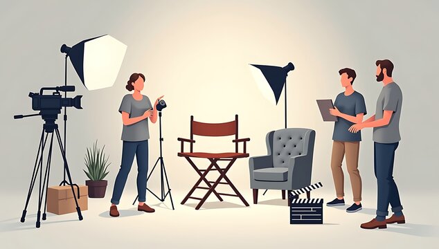 Illustration of a professional film set with camera, lights, tripod, director chair, and crew elements, clean modern composition, minimal background