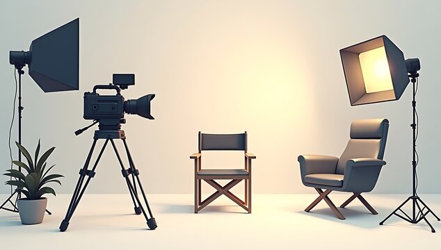 Illustration of a professional film set with camera, lights, tripod, director chair, and crew elements, clean modern composition, minimal background