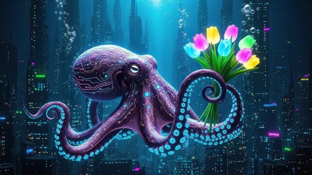 Fantasy image of a purple octopus holding a bouquet underwater with a city backdrop